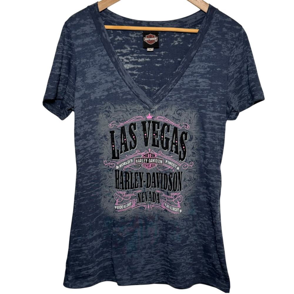 Las Vegas Harley Davidson Burnout V-Neck Shirt XL Ride All Day Play All Night